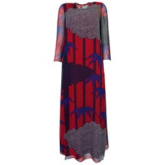 1970s Hanae Mori Silk Chiffon Beautifully Printed Caftan Dress
