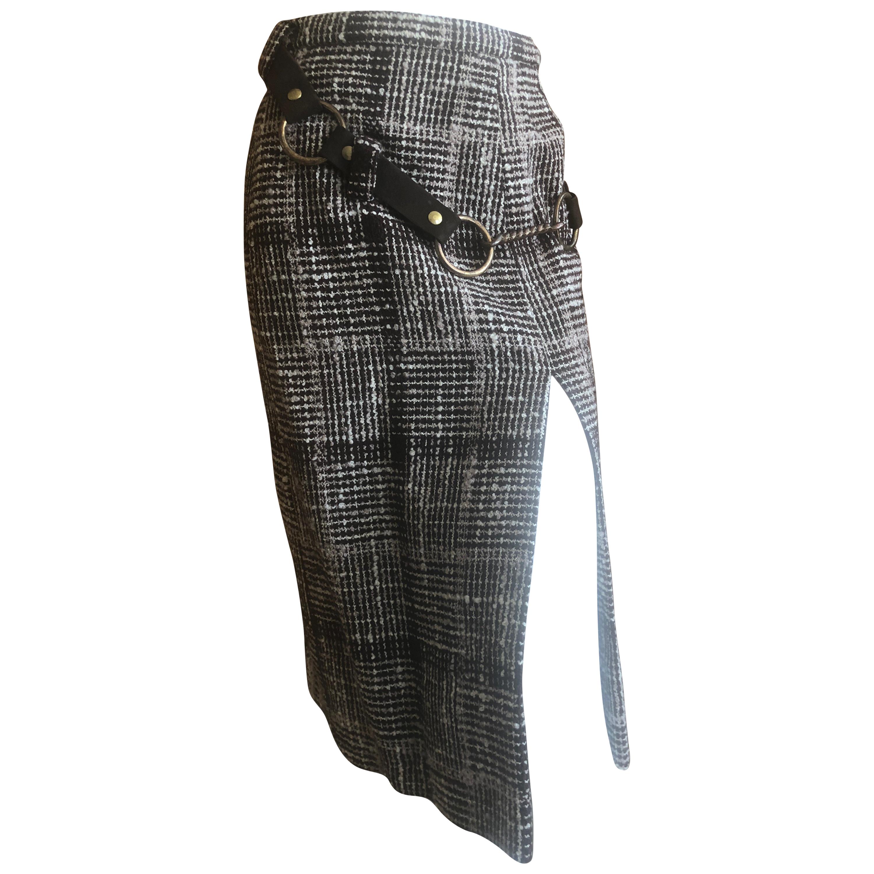 Cardinali Plaid Tweed Skirt with Bold Brass Hardware and Leather Belt Straps For Sale