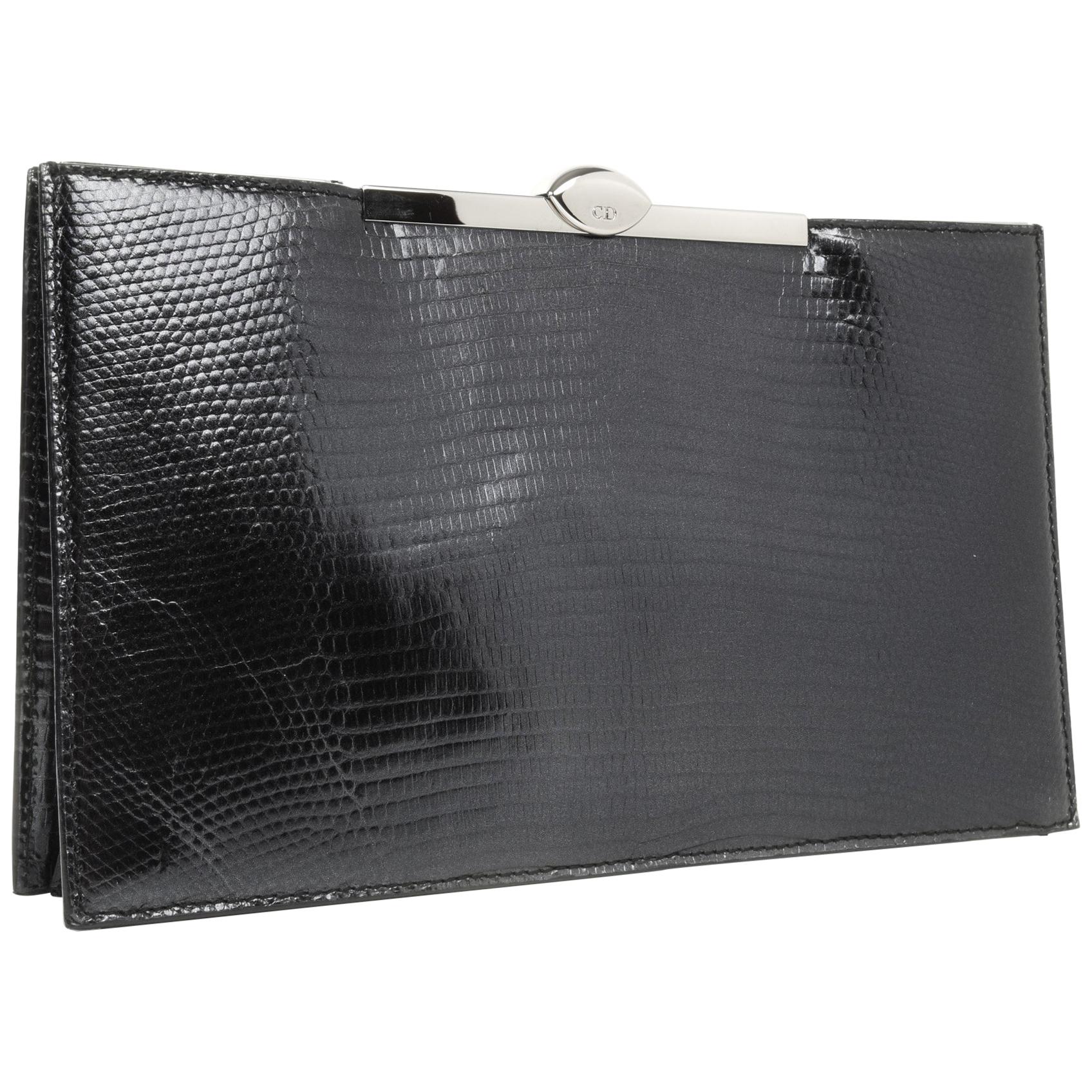 Christian Dior Bag Clutch Black Lizard Top Frame Sleek at 1stDibs
