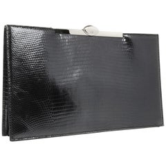 Christian Dior Bag Clutch Black Lizard Top Frame Sleek