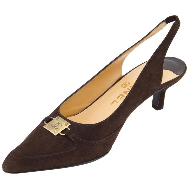Late 1990s Chanel Brown Suede Pointed Toe Sling Back Kitten Heels at