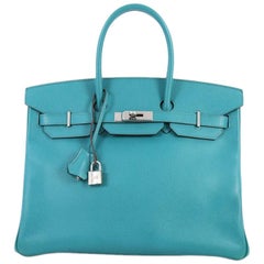 Hermes Birkin Handbag Blue Paon Epsom with Palladium Hardware 35