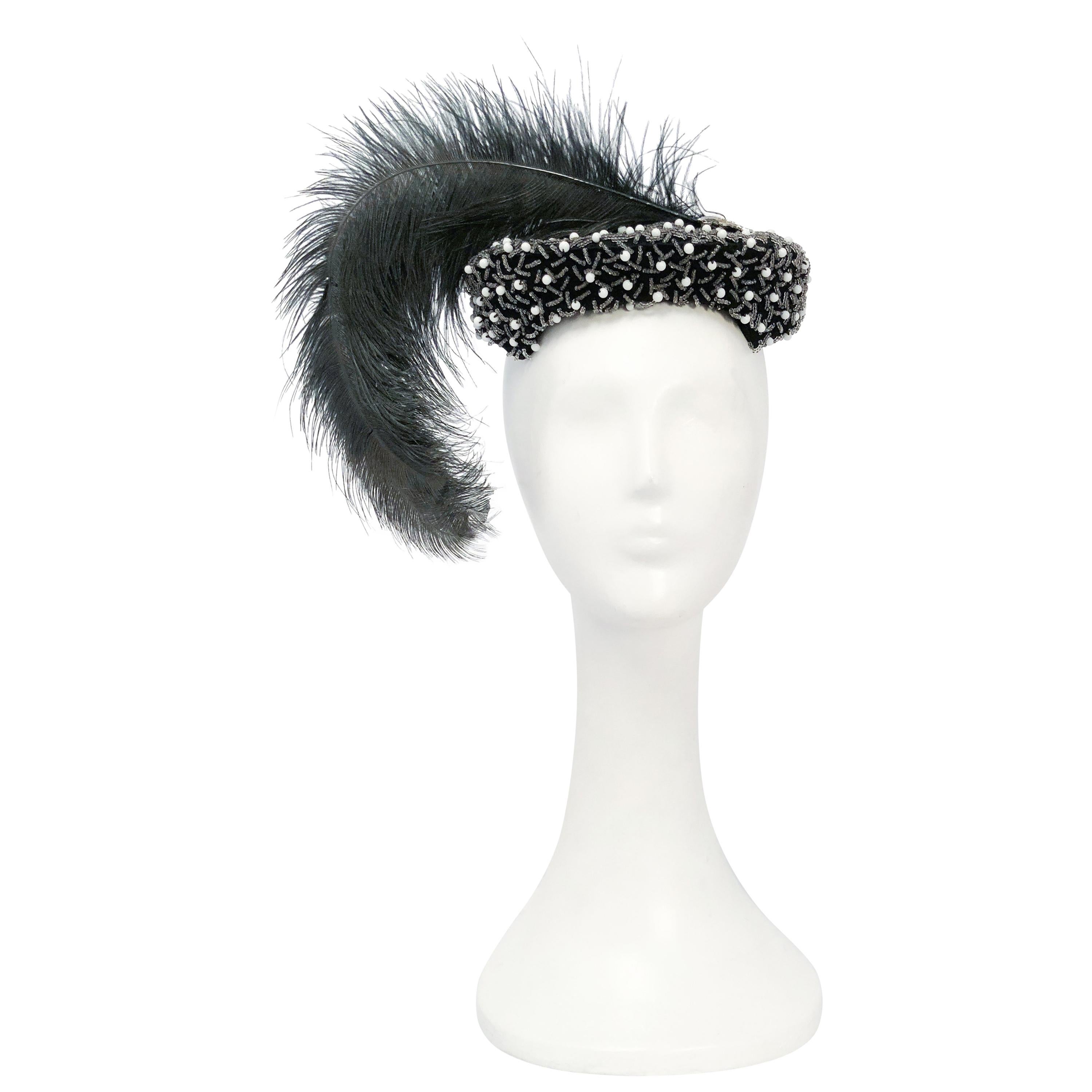 1950s Black Cocktail Hat with Hand-Beading and Grey Feather