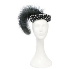 Retro 1950s Black Cocktail Hat with Hand-Beading and Grey Feather