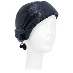 Vintage Frank Olive Woven Straw Hat with Blue Velvet Tassels, 1950s 