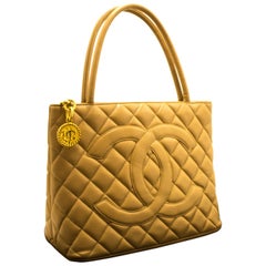 Chanel Beige Gold Medallion Caviar Shoulder Bag Shopping Tote
