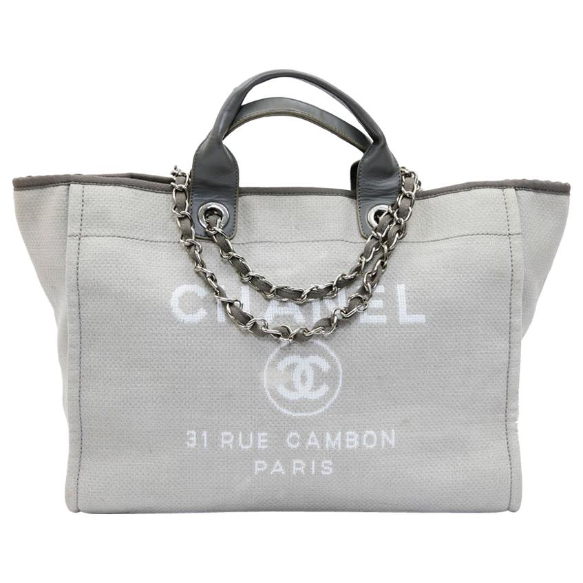 CHANEL Deauville Tote Grey Canvas Large Silver Hardware 2017