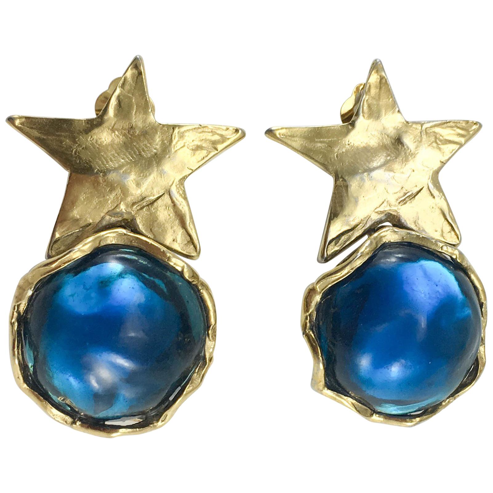 1980's Yves Saint Laurent Blue Resin and Gold-Plated Star Earrings For Sale