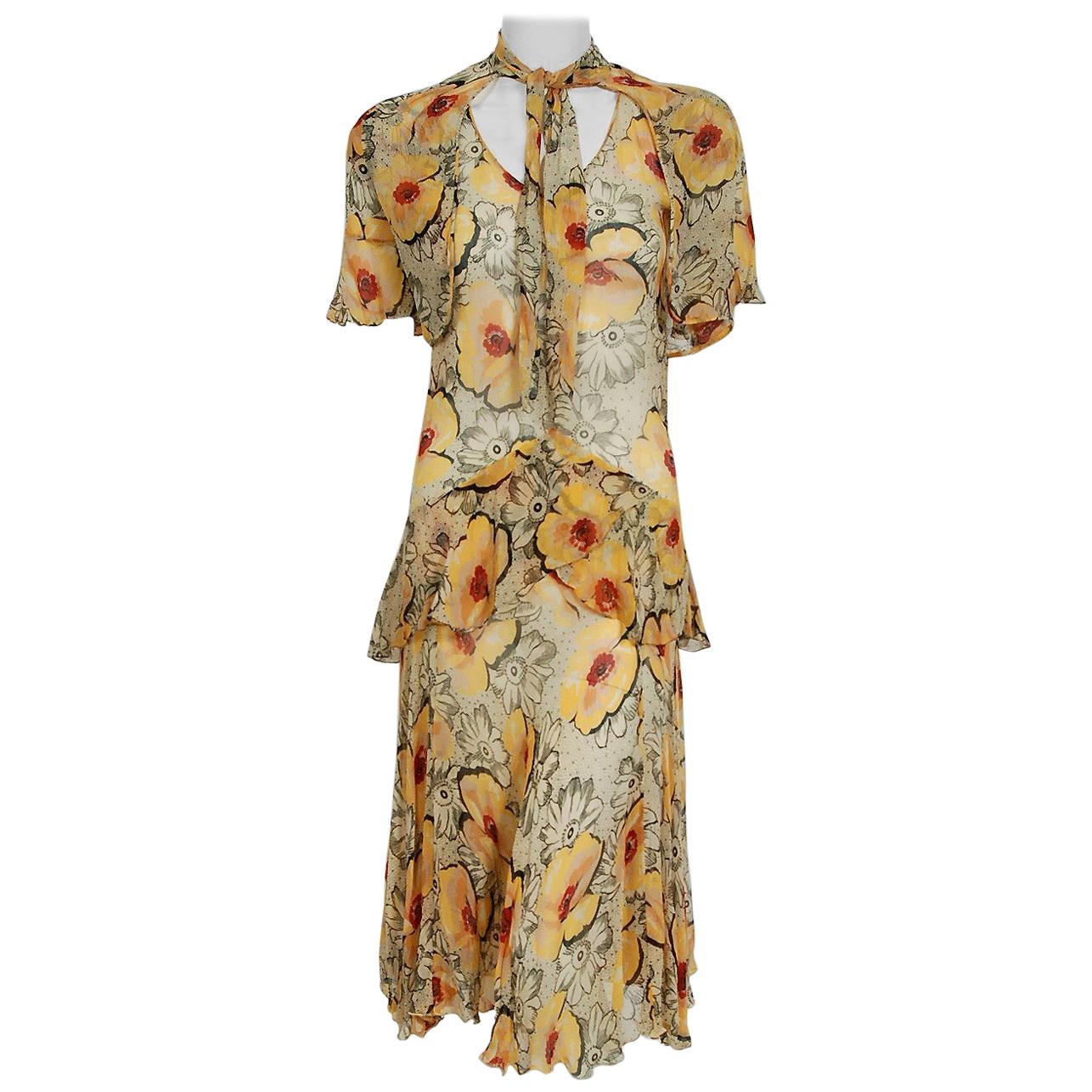 1930's Marigold Poppies Floral Print Crepe Chiffon Flutter Peplum Dress ...
