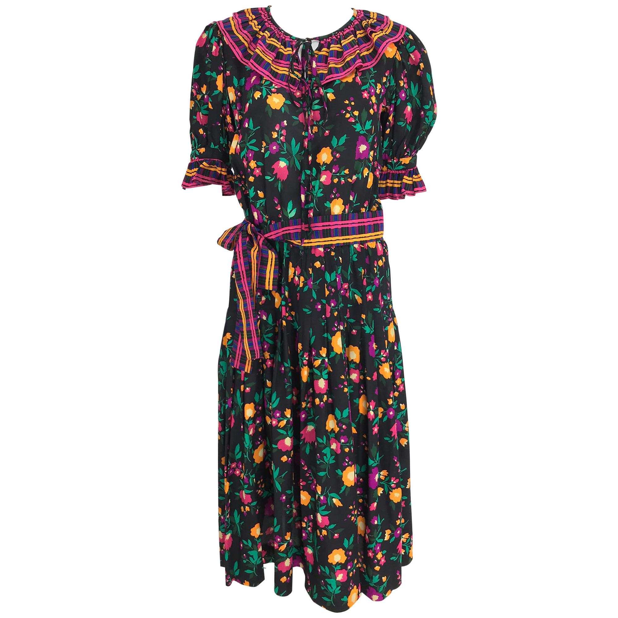 Yves Saint Laurent Rive Gauche floral silk mix print dress 1970s