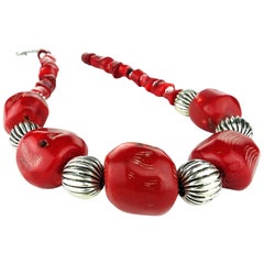Gemjunky Red Coral Necklace with Silver Tone Accents