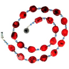 Red Coral With Silver Tone Cubes  and Blue Czech Beads Necklace