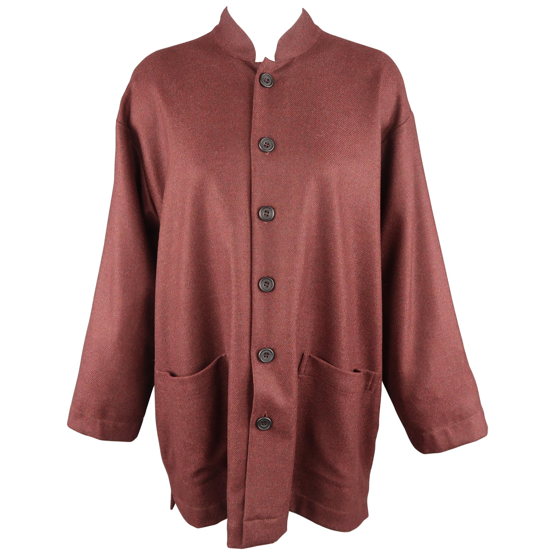 ESKANDAR Size 0 Burgundy Wool / Cashmere Oversized Band Collar Jacket