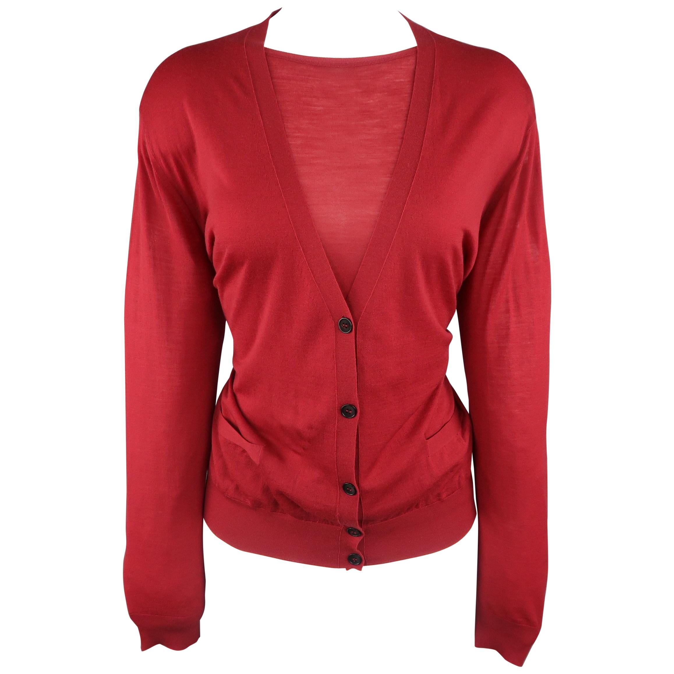 GIORGIO ARMANI Size 14 Red Sheer Virgin Wool Cardigan Set