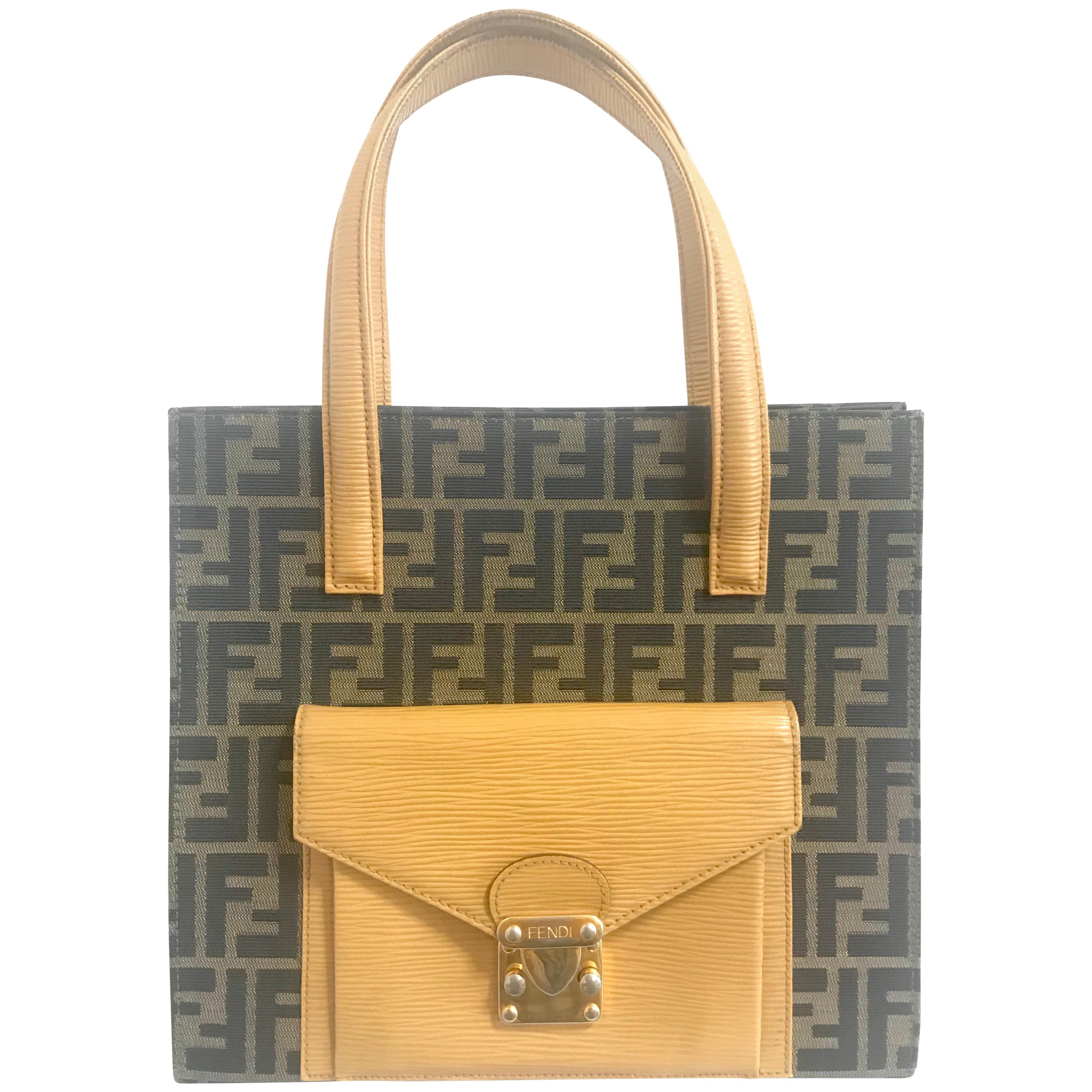 Vintage Fendi classic logo zukka jacquard & mustard yellow epi leather tote bag. For Sale