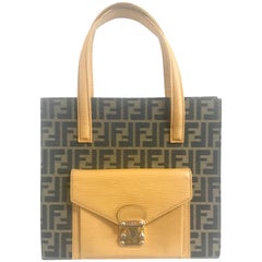 Vintage Fendi classic logo zukka jacquard & mustard yellow epi leather tote bag.