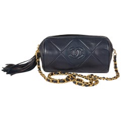 1988 Chanel Navy Quilted Lambskin Vintage Timeless Fringe Shoulder Pochette