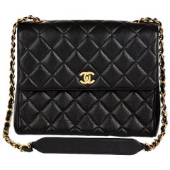 1995 Chanel Black Quilted Caviar Leather Vintage Classic Single Flap Bag 