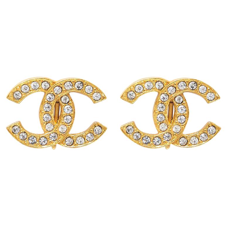 Chanel 1980s Gold Tone Double CC Earrings With Rhinestones Larger Size 