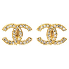 Chanel 1980s Gold Tone Double CC Earrings With Rhinestones Larger Size