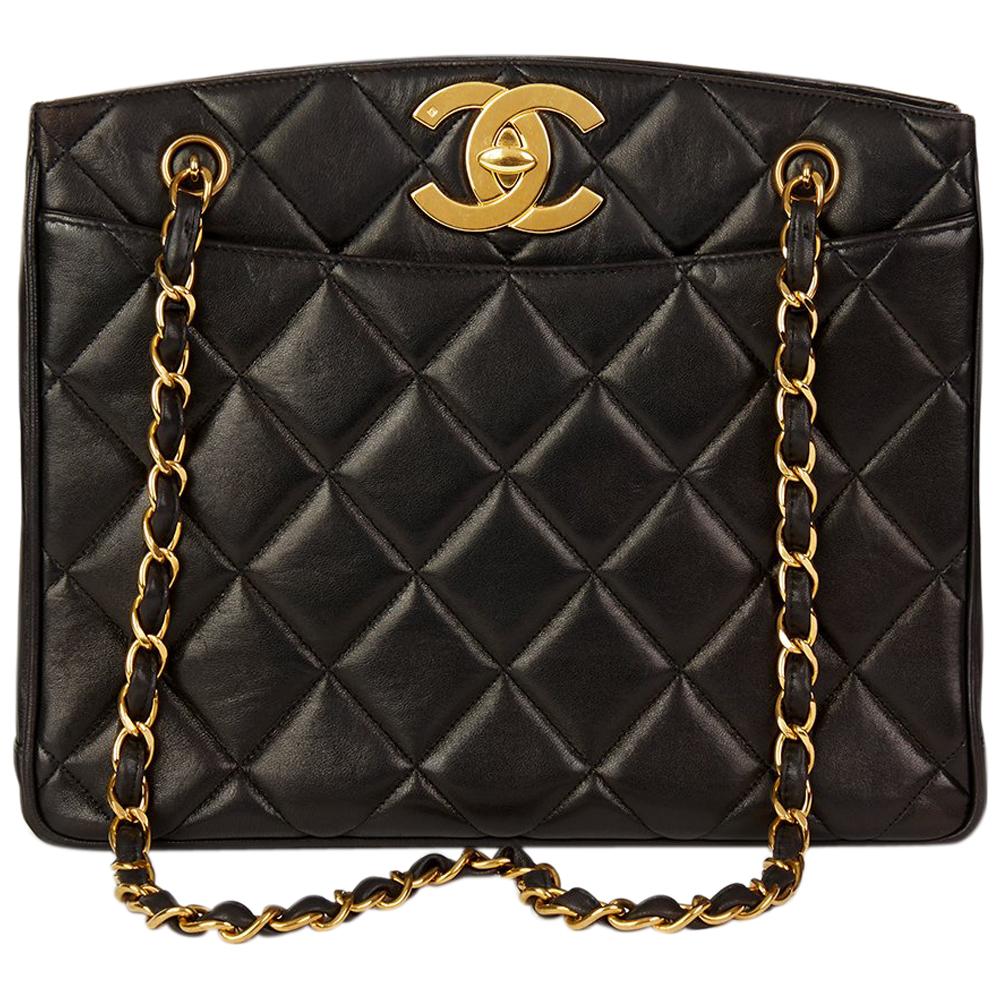 1994 Chanel Black Quilted Lambskin Vintage XL Timeless Shoulder Bag 