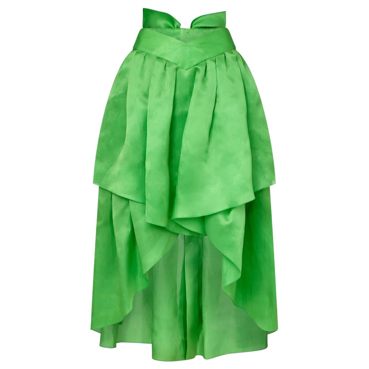 Chanel 1980s Emerald Green Silk Organza Skirt With Bow Detail