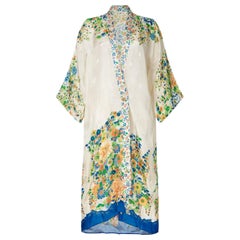 Vintage 1920s Silk Pongee Robe With Floral Design