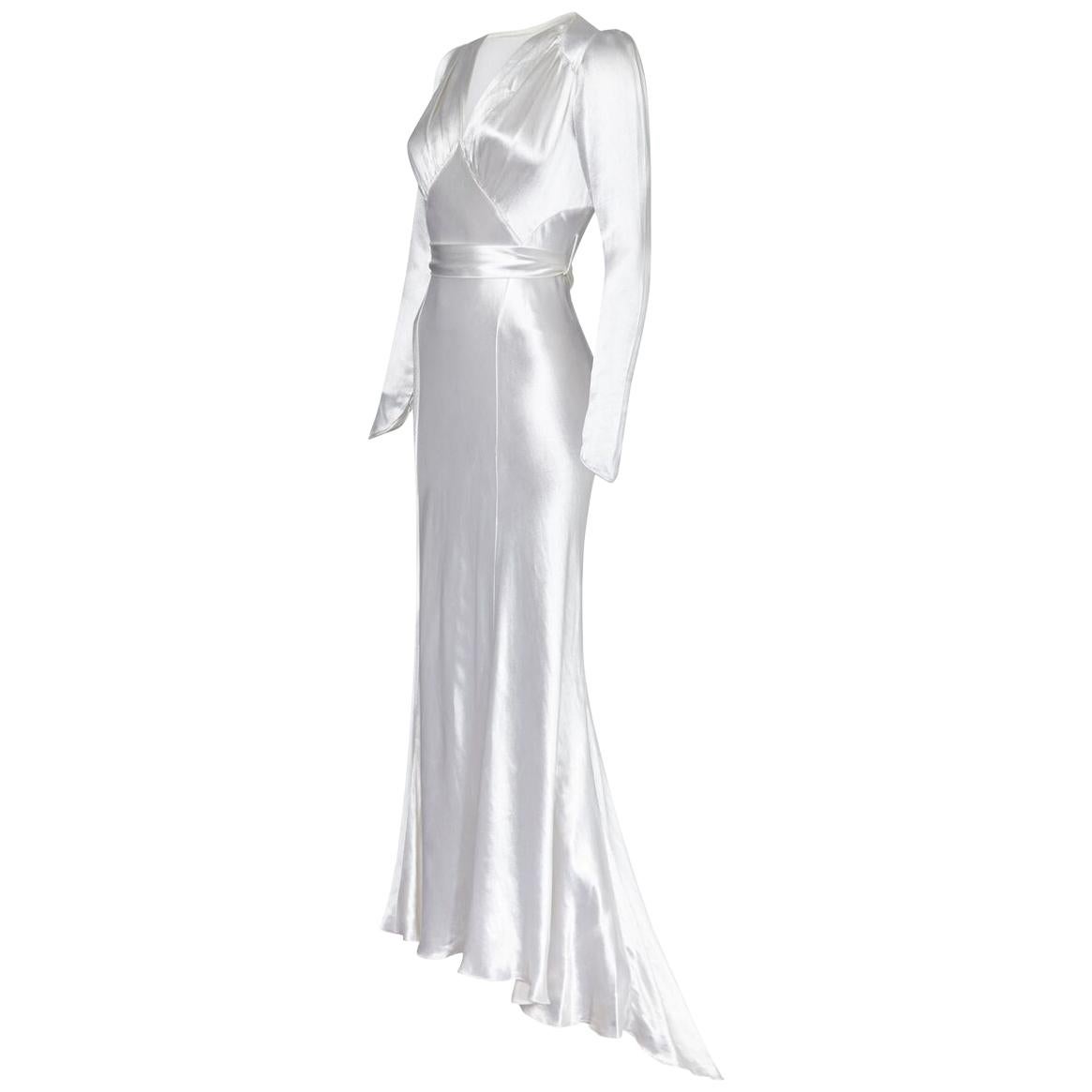 Original White Silk Satin Bias Cut Wedding Dress with Long Sleeves, 1930s