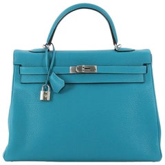 Hermes Kelly Handbag Turquoise Blue Clemence with Palladium Hardware 35