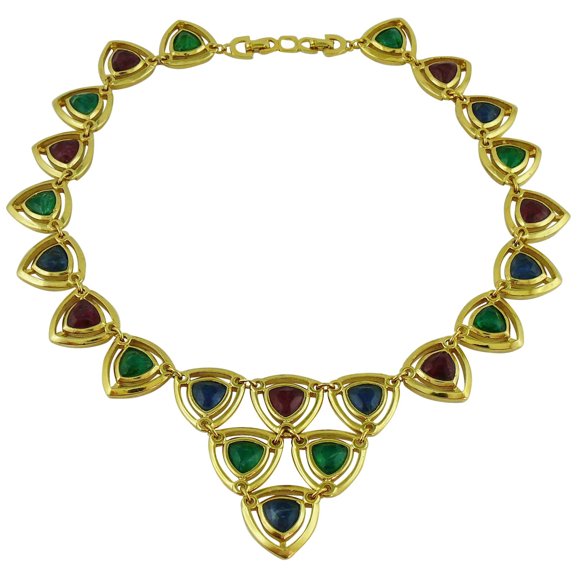 Christian Dior Vintage Gold Toned Faux Ruby Emerald and Sapphire Necklace