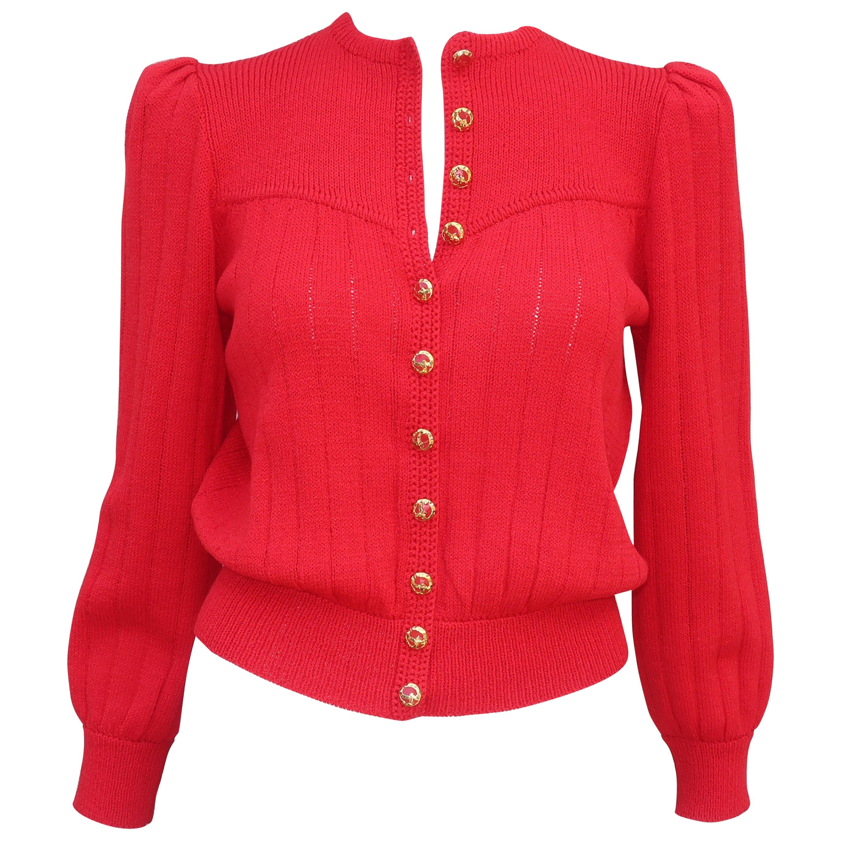 1970's St. John Lipstick Red Knit Cardigan Sweater