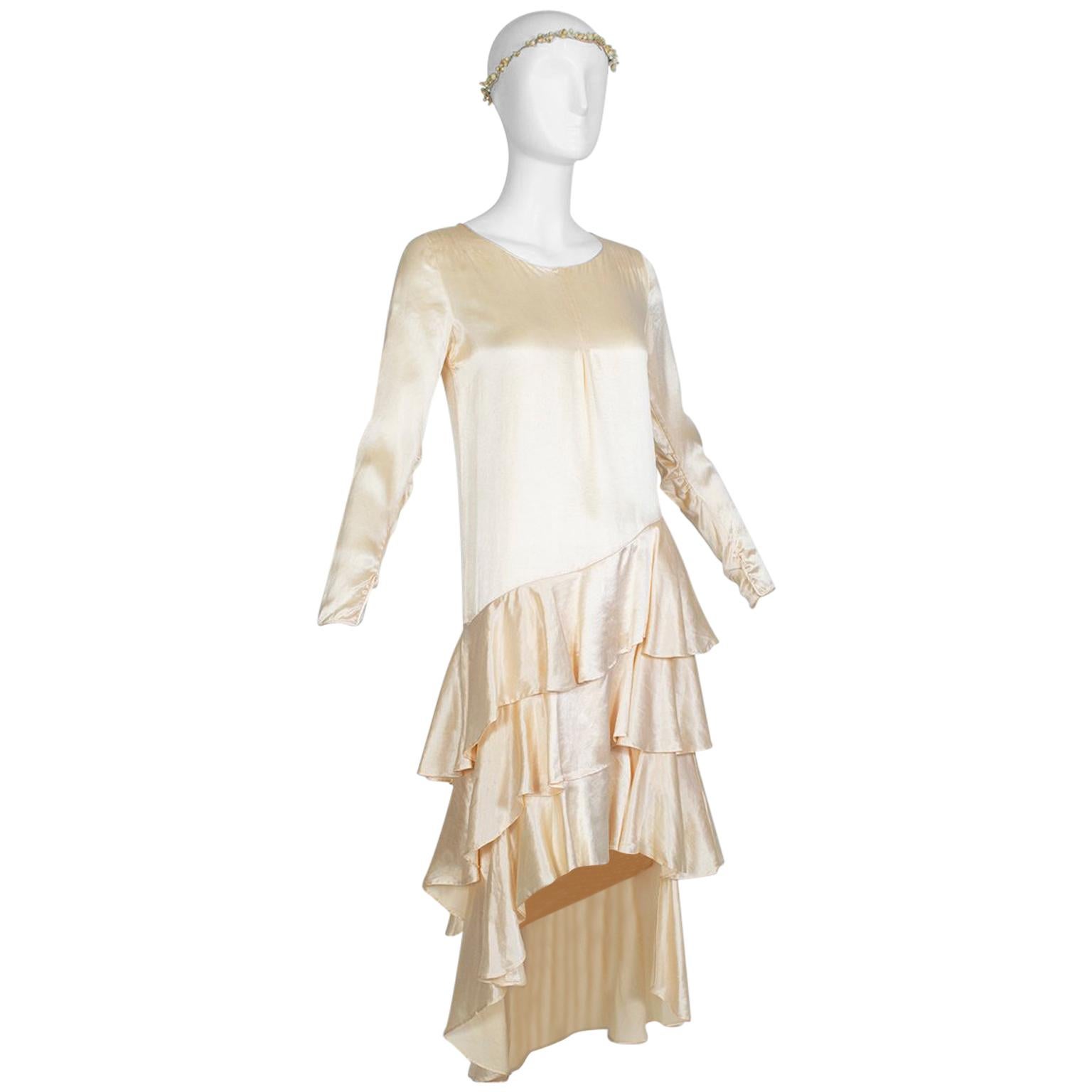 Asymmetrical Dip Hem Wedding Dress with Orange Blossom Garland, 1920s