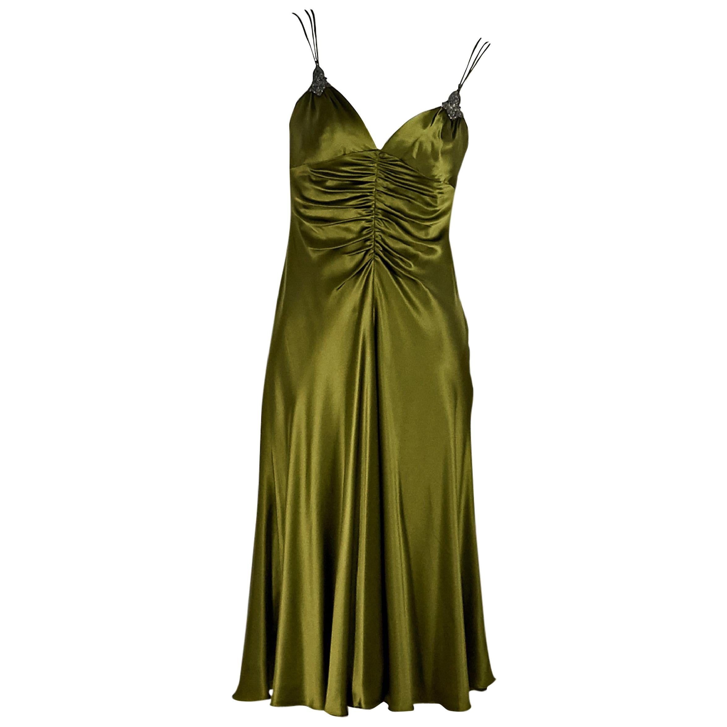 Olive Green Badgley Mischka Embellished Slip Dress