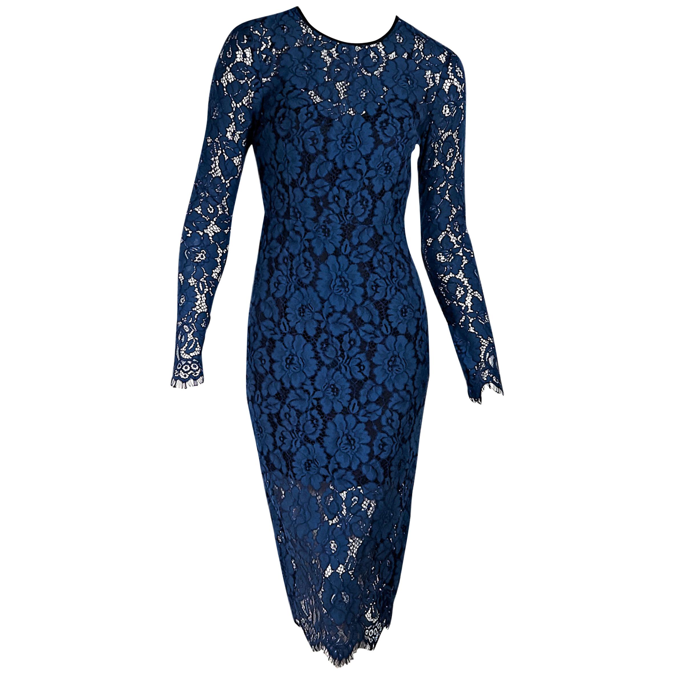 Blue Veronica Beard Long-Sleeve Lace Dress