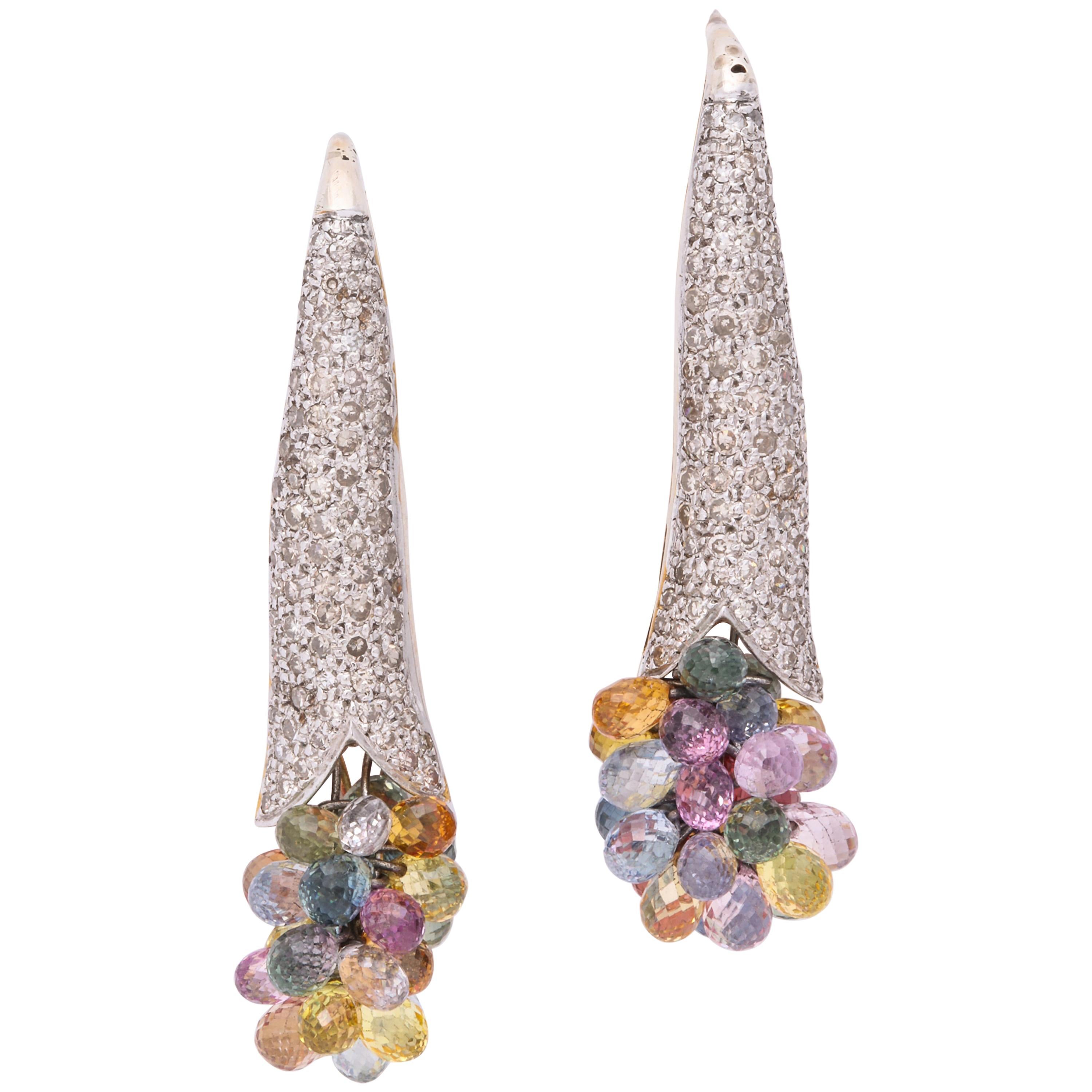 Diamond Earrings with a  Dangling Bouquet of Colored  Gemstones