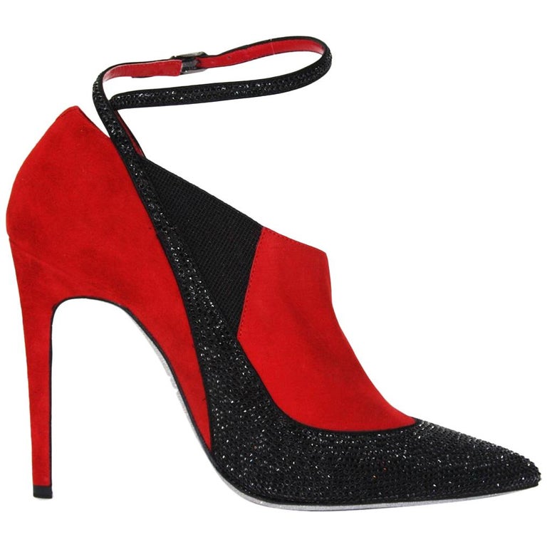 New Rene Caovilla Suede Beaded Glitter Red Black Ankle Boots Booties 39.5 9.5 For Sale at