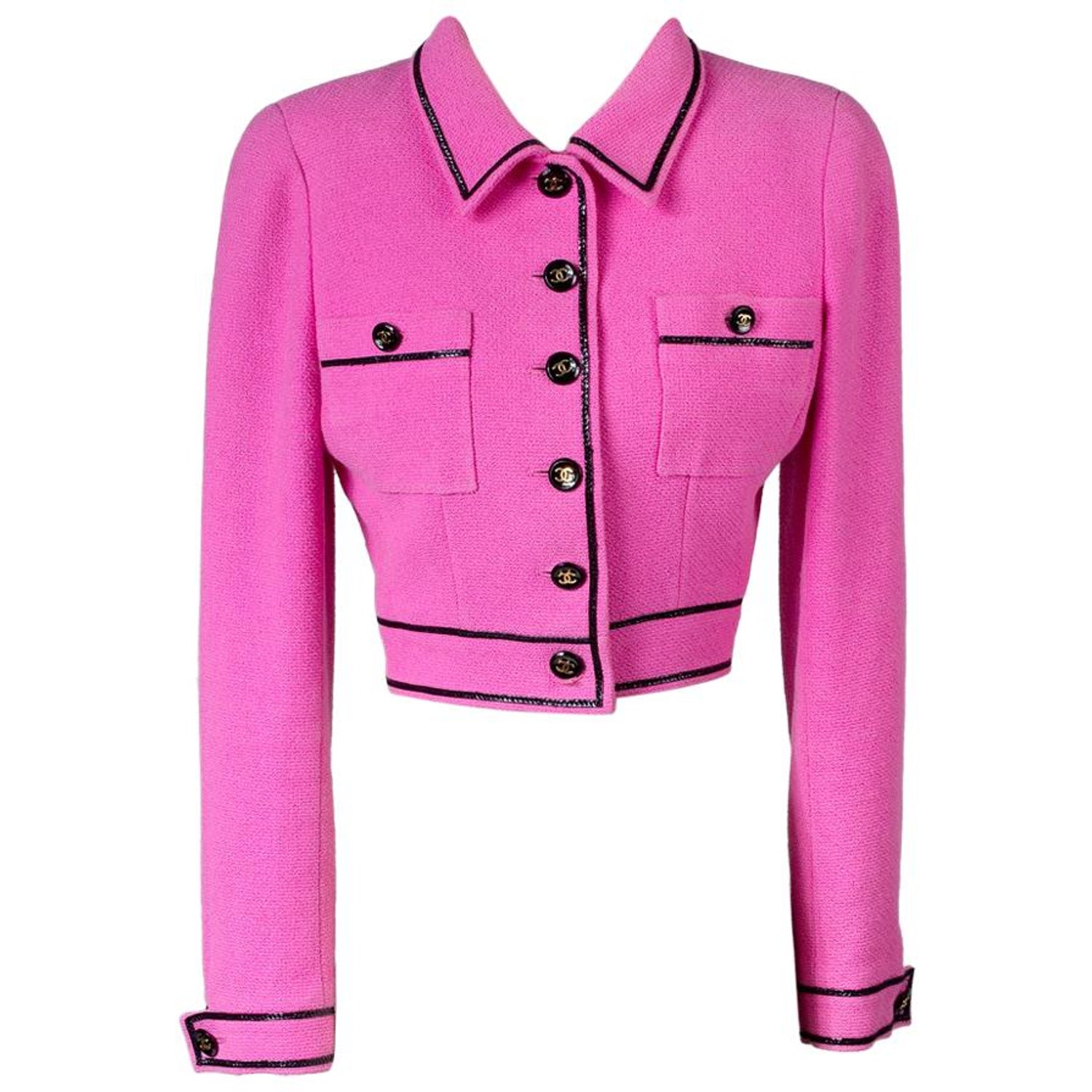 Chanel Cropped Hot Pink Jacket with Black Piping, Spring 1995 at 1stDibs |  chanel 1995 jacket, chanel 1995 cropped jacket, chanel cropped jacket