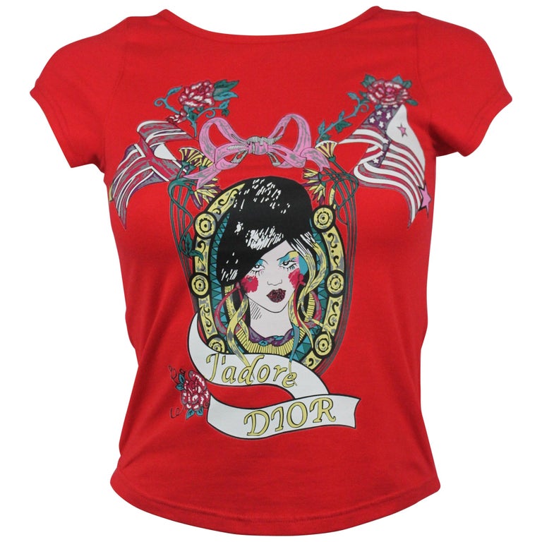 Christian Dior Galliano Tattoo Motif Red T-Shirt, 2004, Size US 0 
