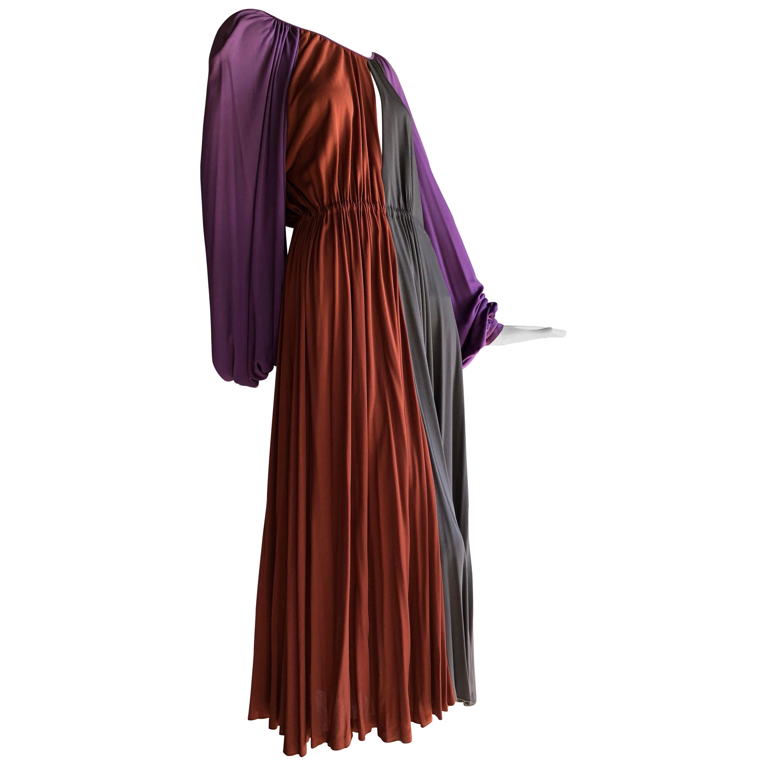 Galanos Silk Jersey Purple / Rust / Taupe Balloon Sleeve Custom Made Dress, 70s For Sale