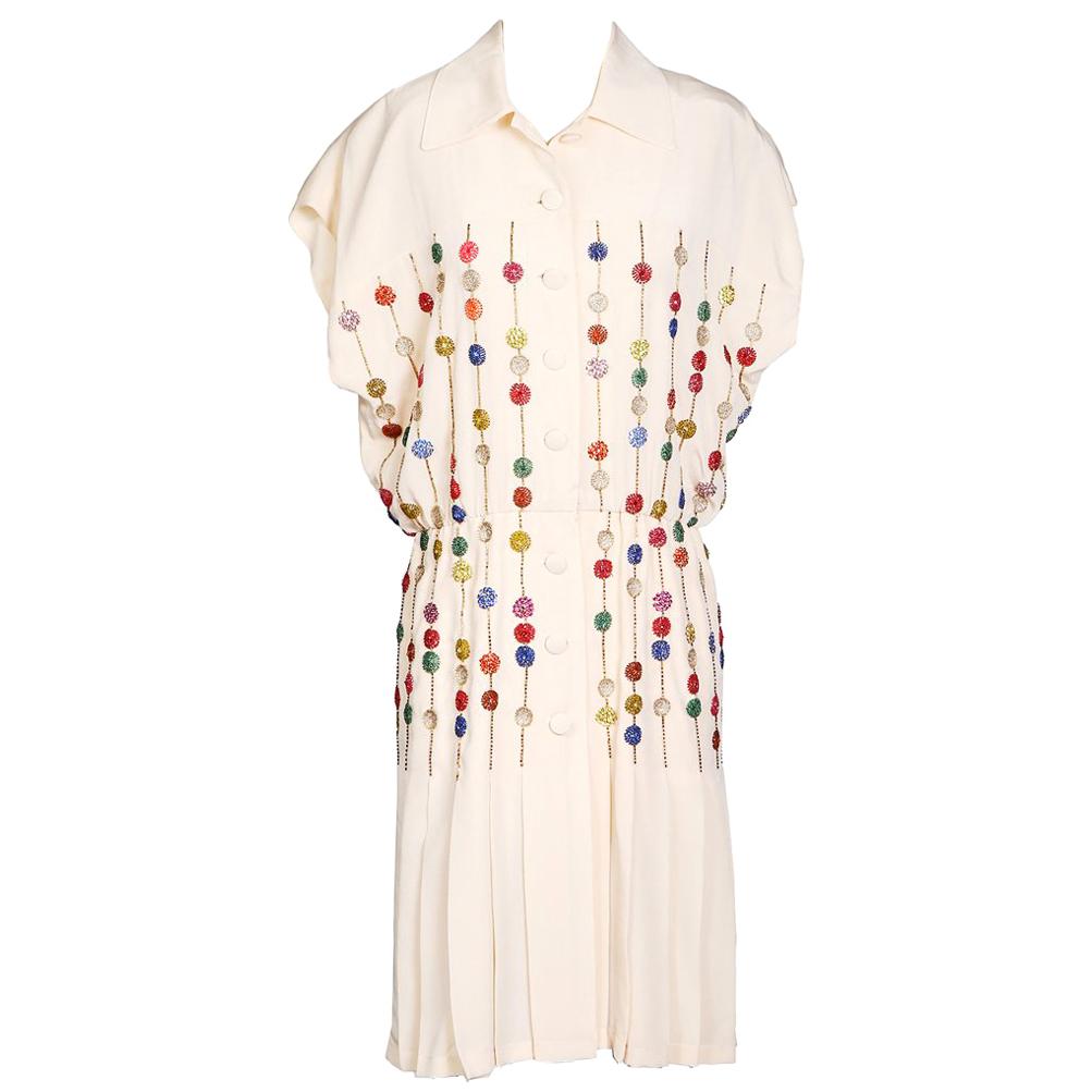 Vintage Cream Silk Dress with Beading and Pleating by Karl Lagerfeld for Chloe