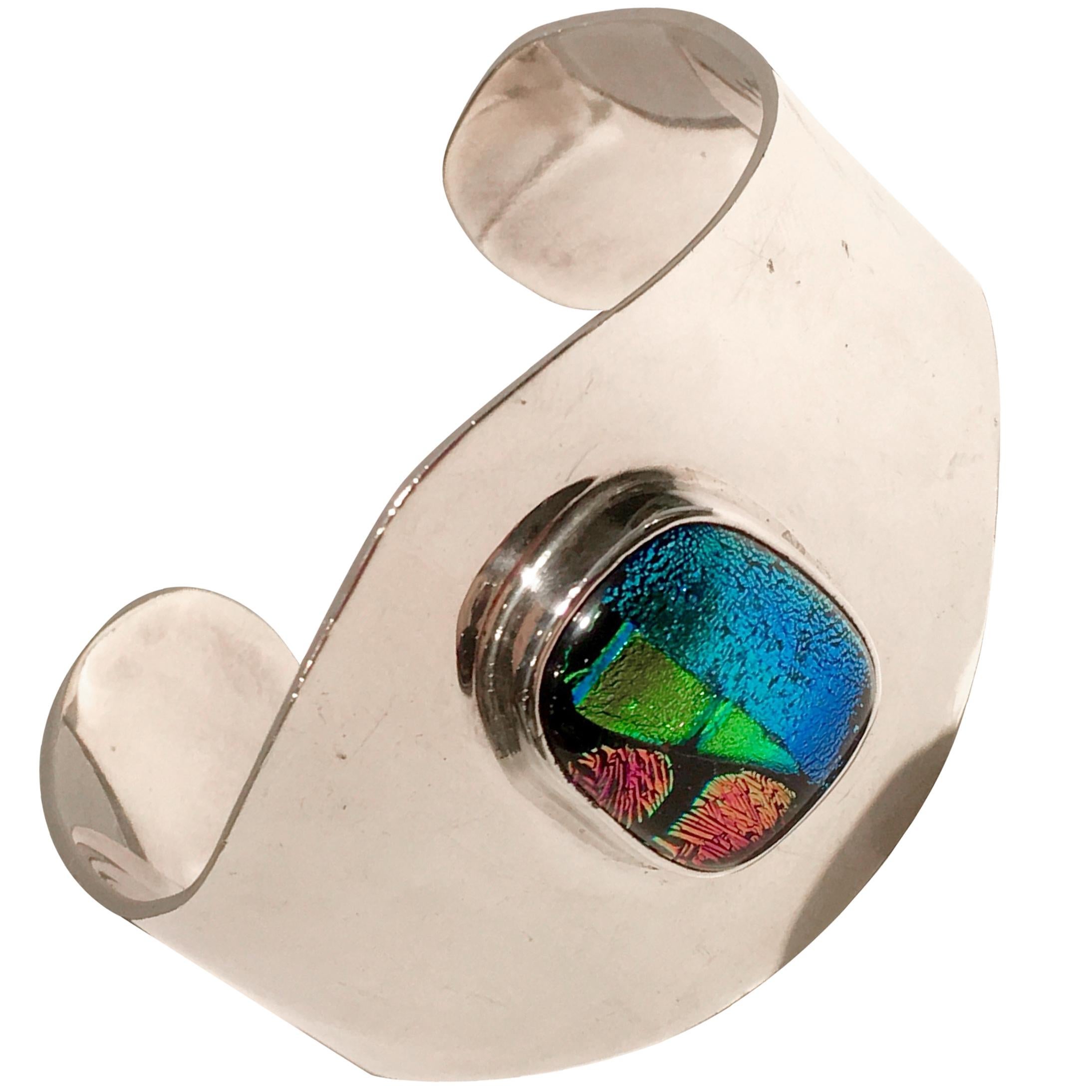 70
S Taxco Mexico Modernist Sterling 925 Silver 
Art Glass Cuff Bracelet-