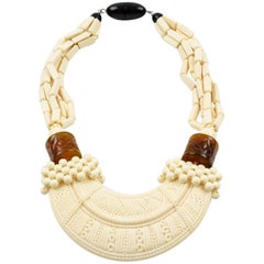 Vintage Angela Caputi Sculptural Tribal Off-white and Brown Beaded Choker Necklace