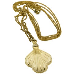 Vintage Lanvin Paris Signed Necklace Modernist Gilt Metal and Enamel Seashell Pendant