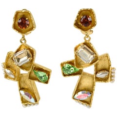 Christian Lacroix Paris Signed Oversized Dangling Jeweled Cross Clip Earrings 