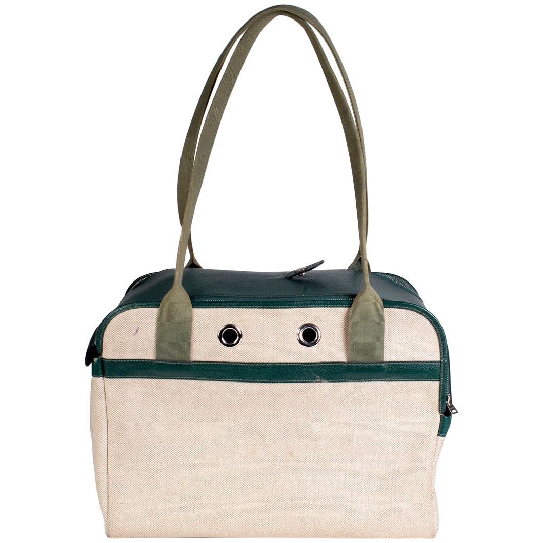 Hermes Green Leather and Toile Canvas Dog Carrier
