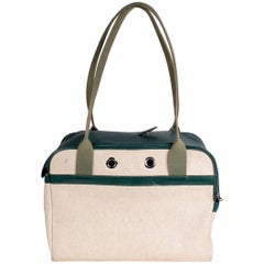 Vintage Hermes Green Leather and Toile Canvas Dog Carrier