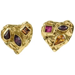 Yves Saint Laurent Paris Signed clip on Earrings Gilt Metal Heart and Rhinestone Yves Saint Laurent Paris Signed clip on Earrings Gilt Metal Heart and Rhinestone