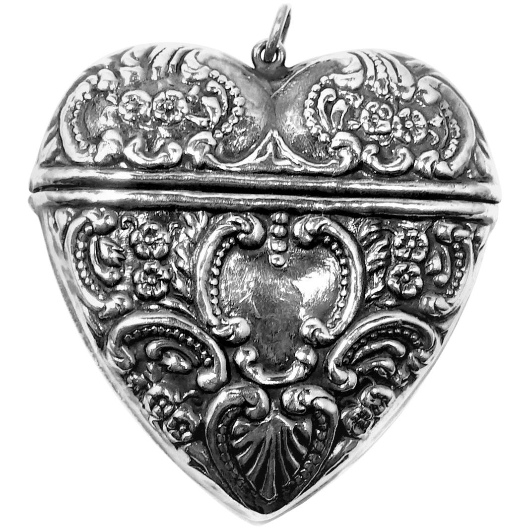 Vintage Sterling Silver Heavily Carved Heart Shaped Pill Box Pendant