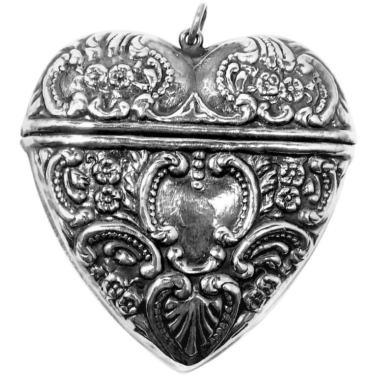 Vintage Sterling Silver Heavily Carved Heart Shaped Pill Box Pendant at