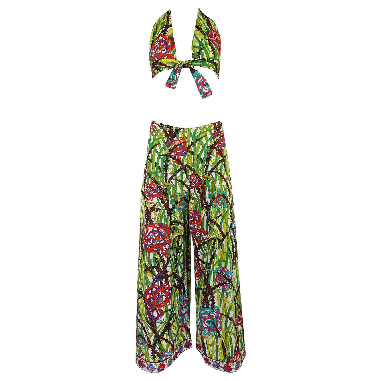 Pucci Rare Printed Cotton Halter Top and Wide Leg Pant Set, 1960s 